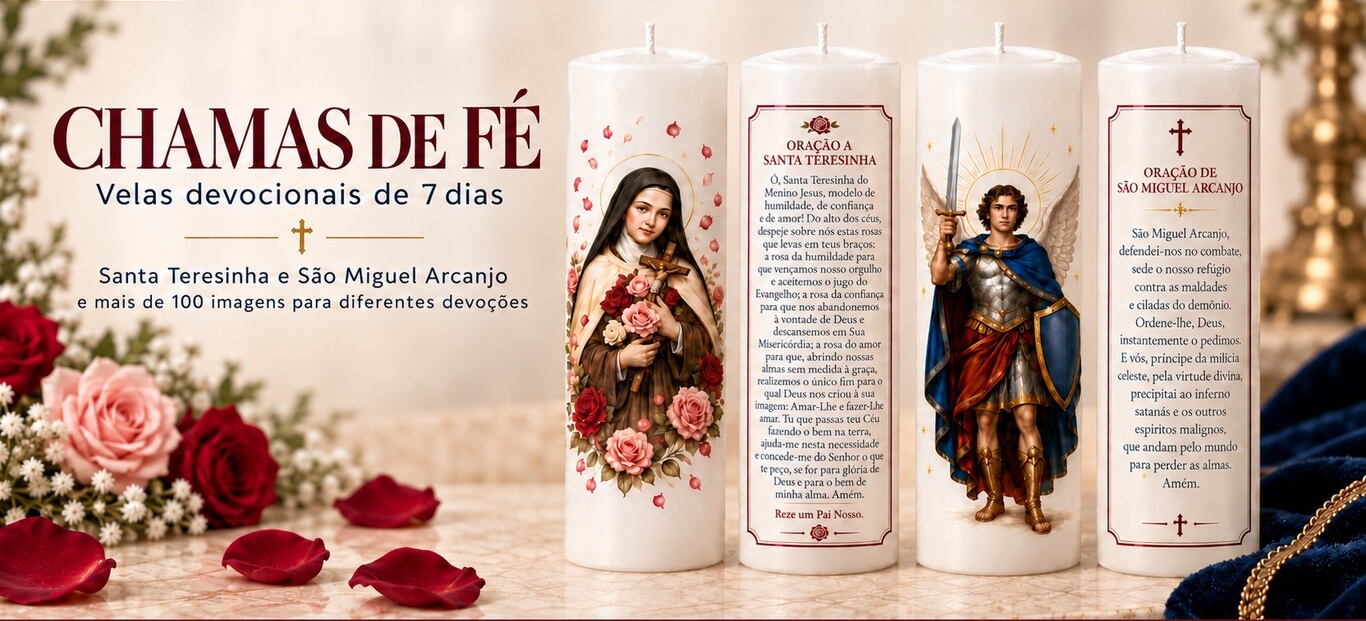 Velas devocionais de sete dias de Santa Teresinha e São Miguel Arcanjo, com imagem à frente e oração no verso